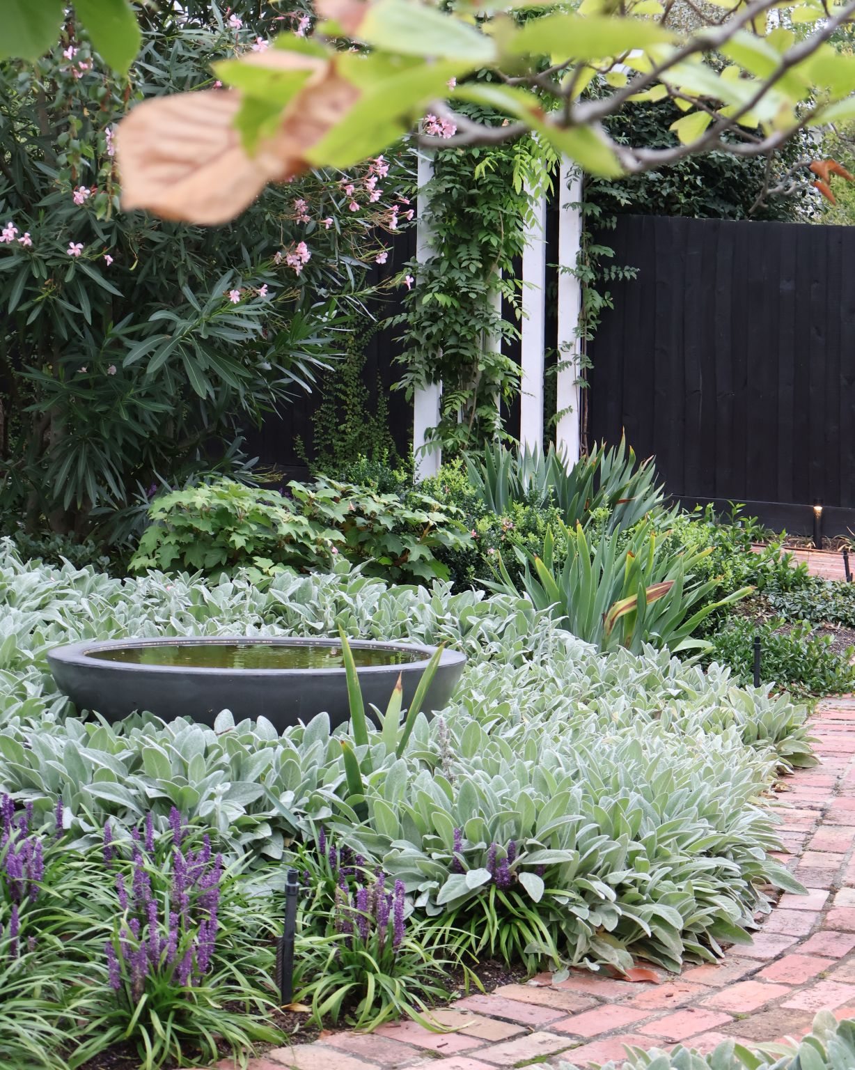 Garden water bowl surrounded by soft layered planting