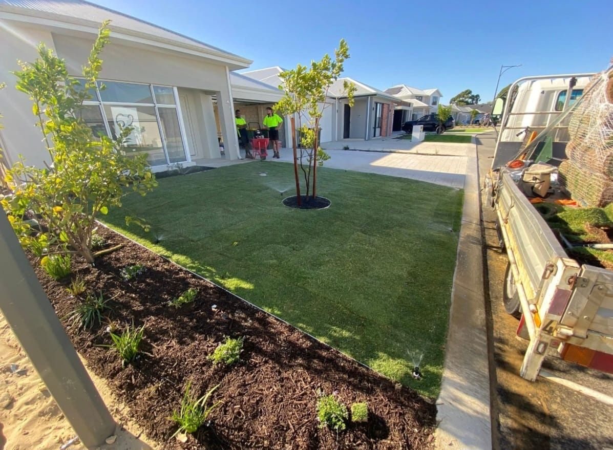 Fresh turf and planting being installed at a new home